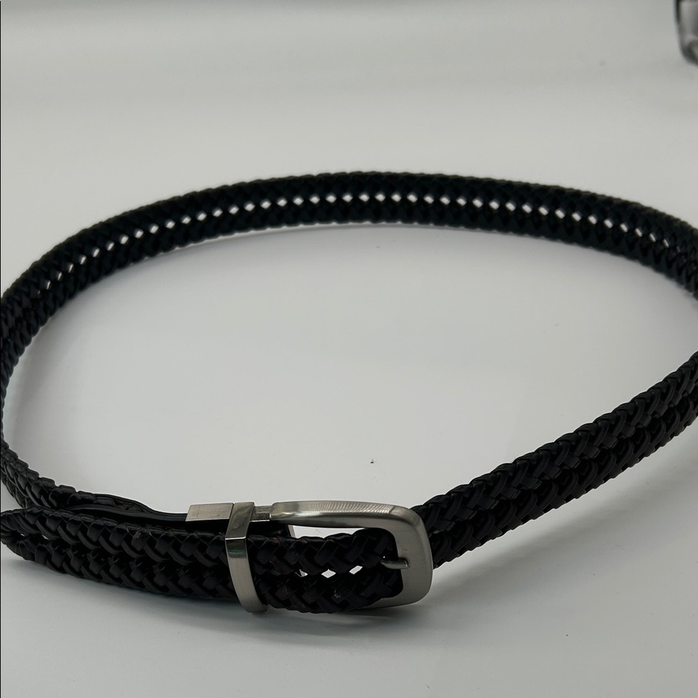 Men's Braided Black Leather Belt with Brushed Silver Buckle